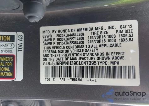 2012 Honda Cr-V Lx from USA, damaged, VIN 5J6RM4H39CL047395
